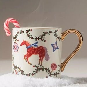 New Anthropologie juniper stoneware Christmas  mug white horse